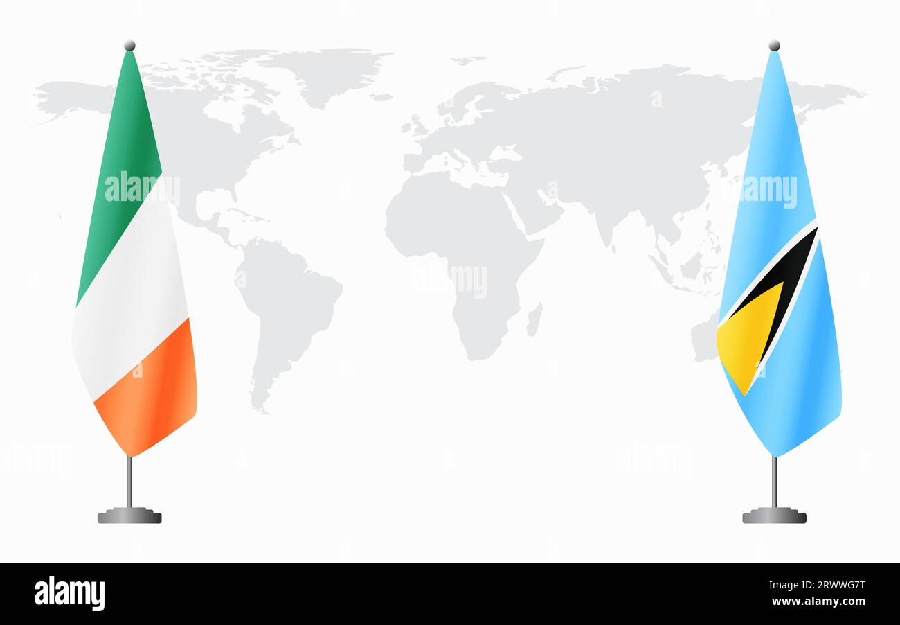 Irland und Saint Lucia Flaggen für offizielles Treffen vor dem Hintergrund der Weltkarte. Stock Vektor