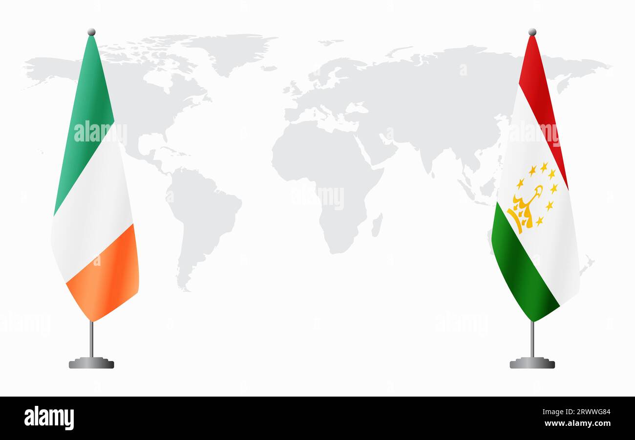 Irland und Tadschikistan Flaggen für offizielles Treffen vor dem Hintergrund der Weltkarte. Stock Vektor