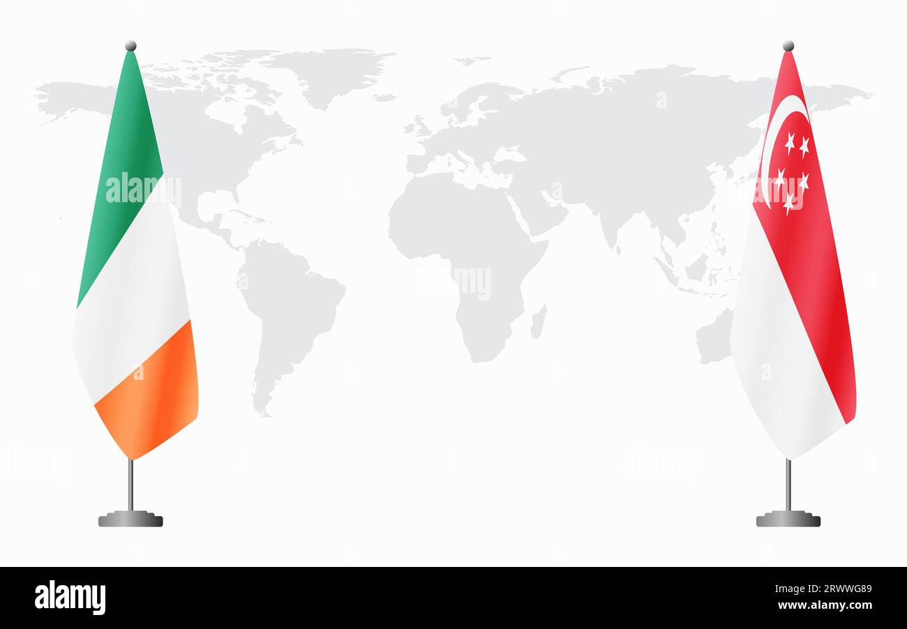 Irland und Singapur Flaggen für offizielles Treffen vor dem Hintergrund der Weltkarte. Stock Vektor