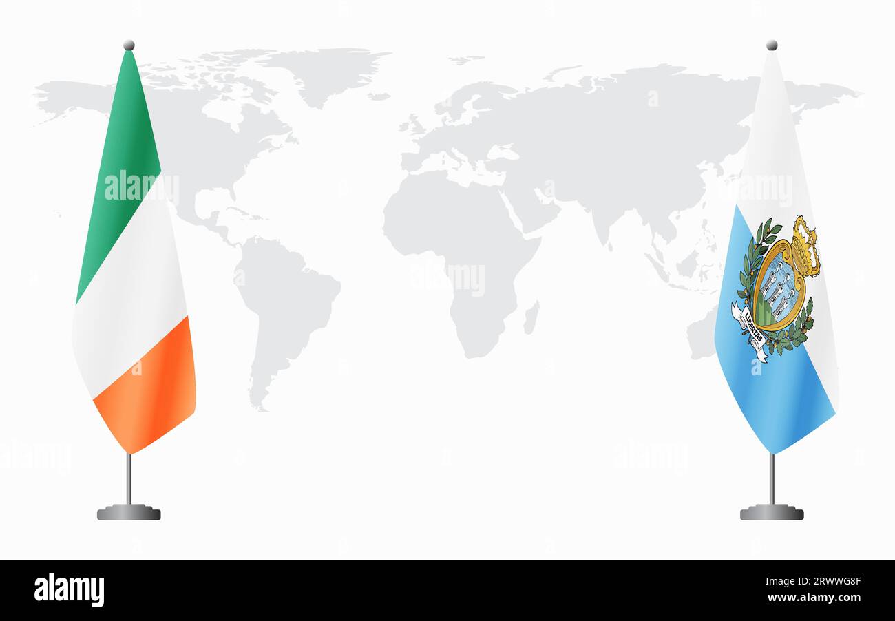 Irland und San Marino Flaggen für offizielles Treffen vor dem Hintergrund der Weltkarte. Stock Vektor