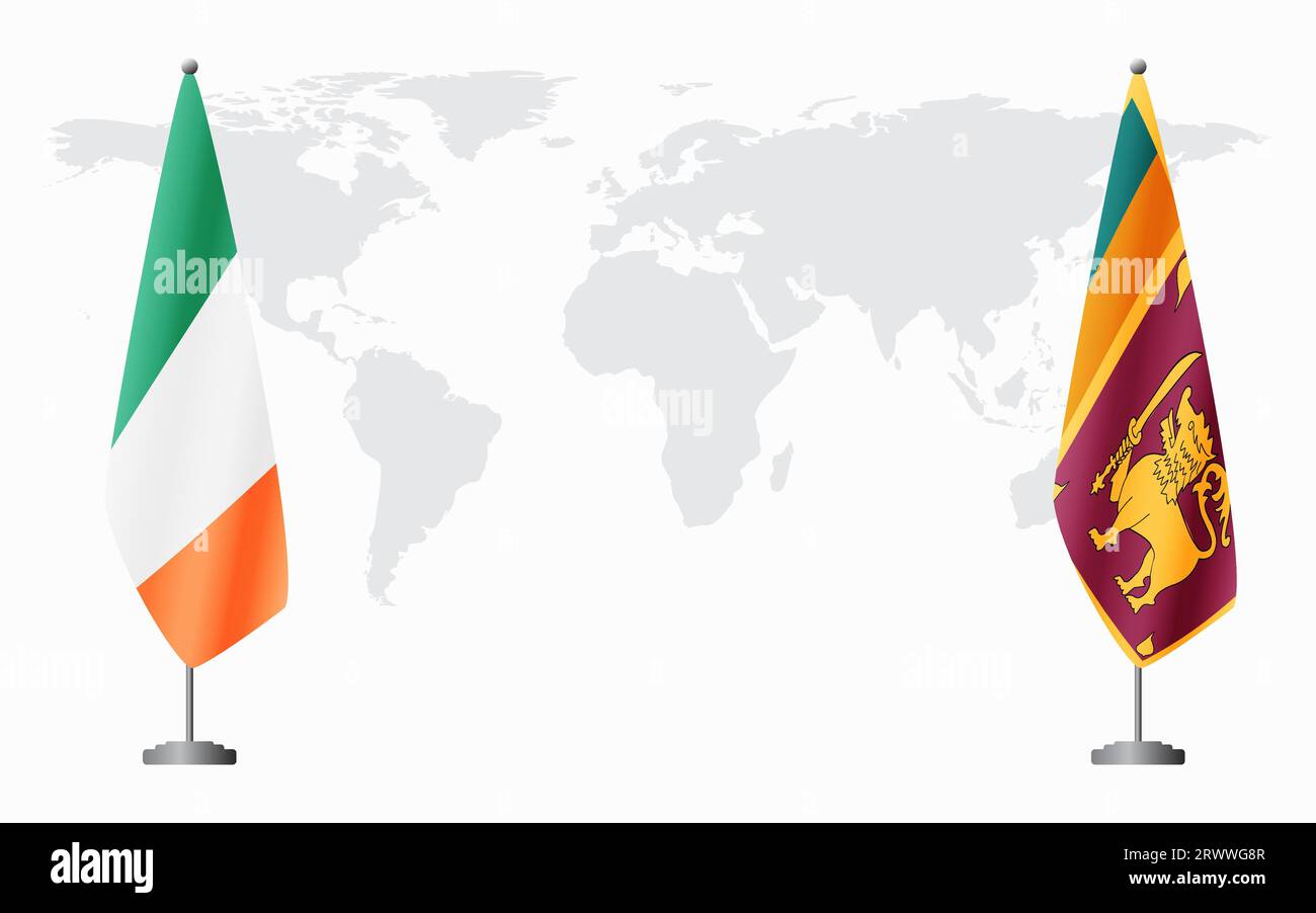 Irland und Sri Lanka Flaggen für offizielles Treffen vor dem Hintergrund der Weltkarte. Stock Vektor