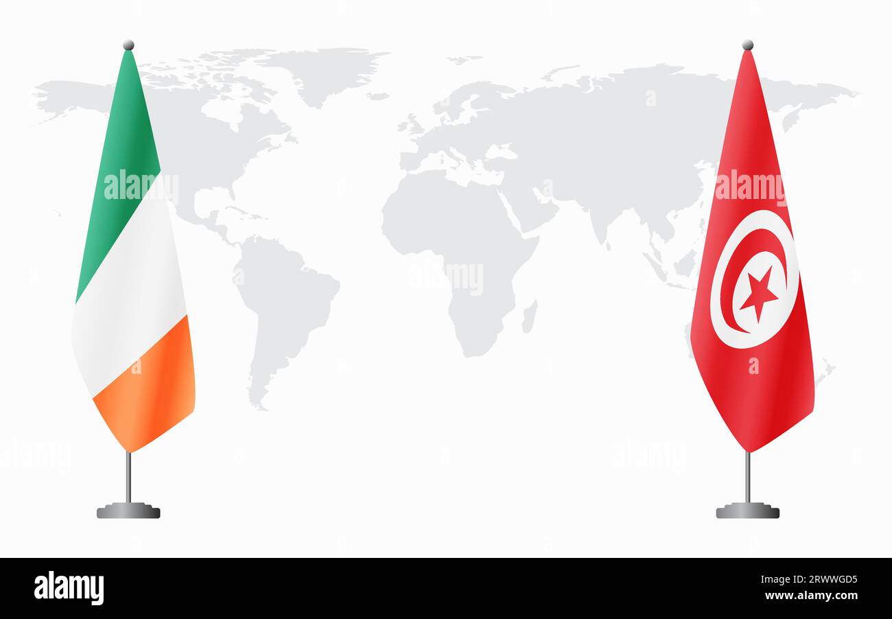 Irland und Tunesien Flaggen für offizielles Treffen vor dem Hintergrund der Weltkarte. Stock Vektor