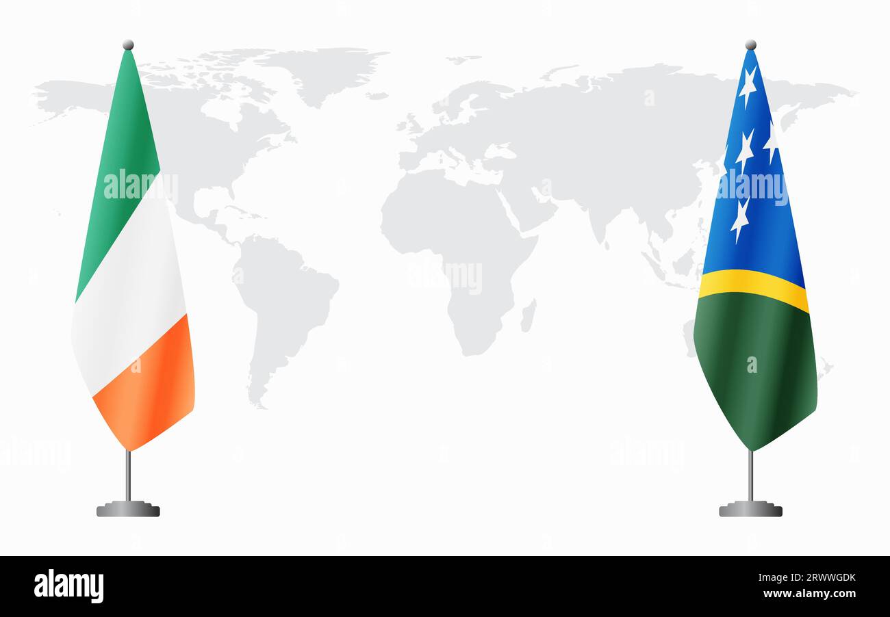 Irland und Salomonen Flaggen für offizielles Treffen vor dem Hintergrund der Weltkarte. Stock Vektor