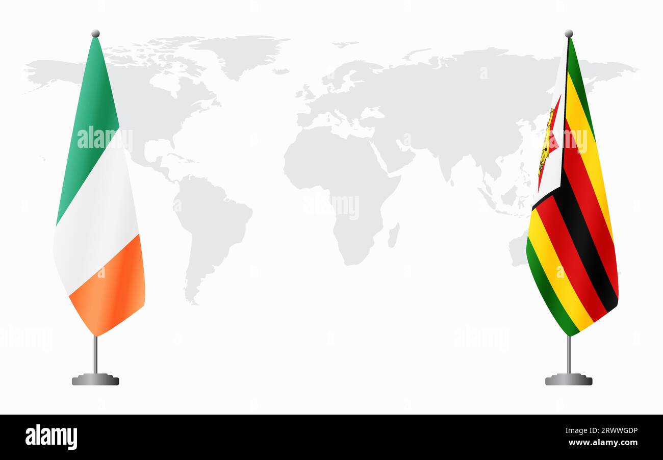 Irland und Simbabwe Flaggen für offizielles Treffen vor dem Hintergrund der Weltkarte. Stock Vektor