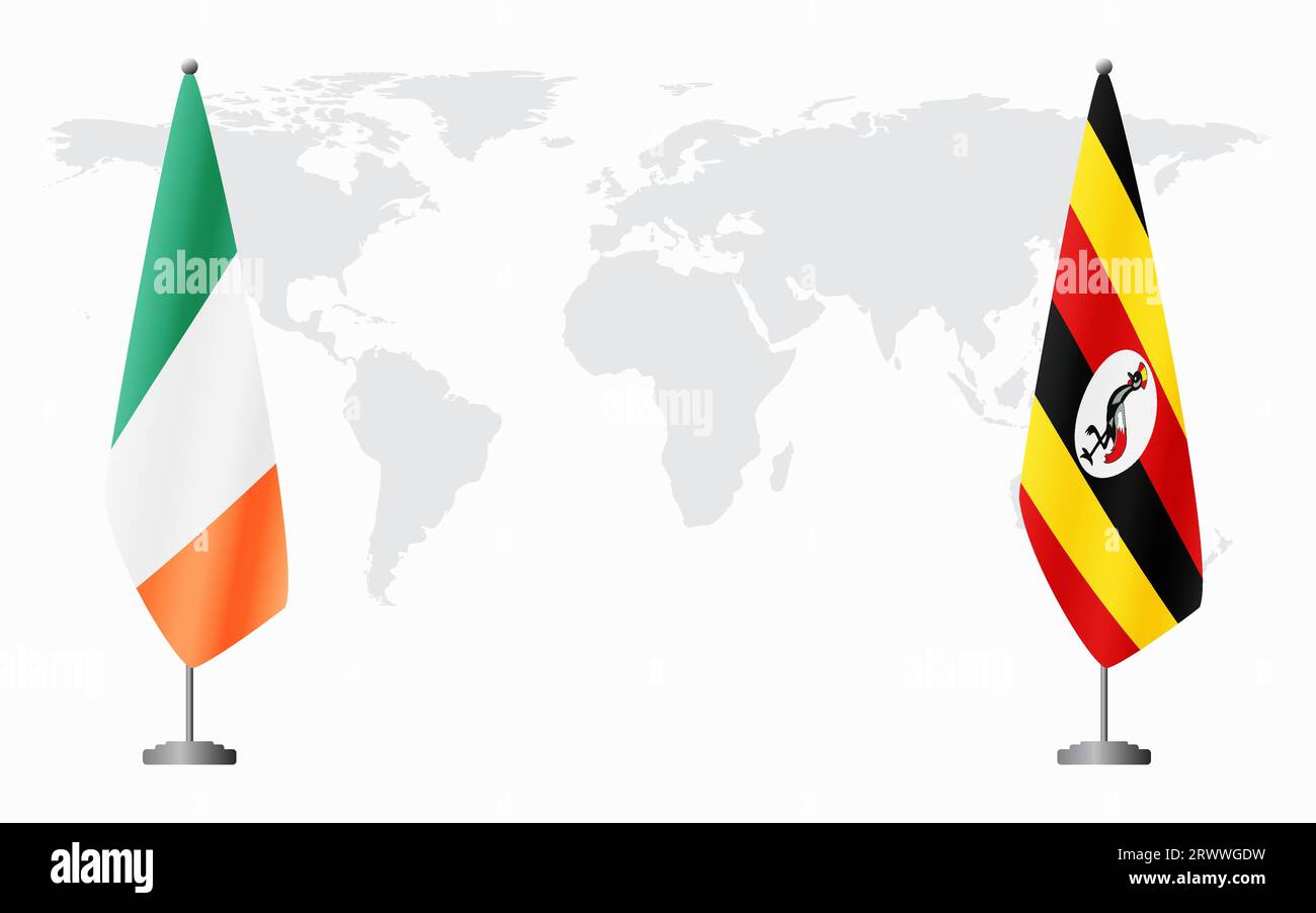 Irland und Uganda Flaggen für offizielles Treffen vor dem Hintergrund der Weltkarte. Stock Vektor