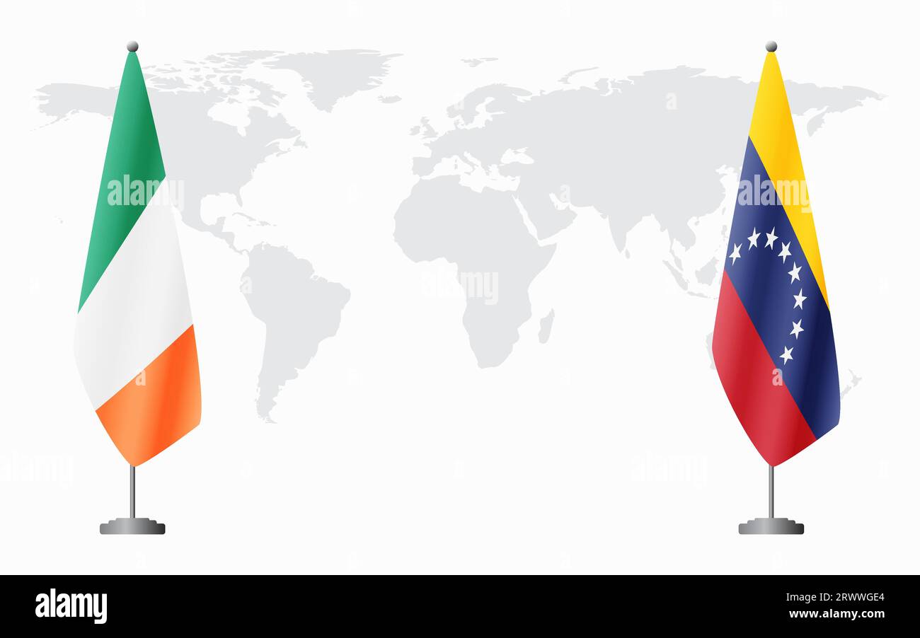 Irland und Venezuela Flaggen für offizielles Treffen vor dem Hintergrund der Weltkarte. Stock Vektor
