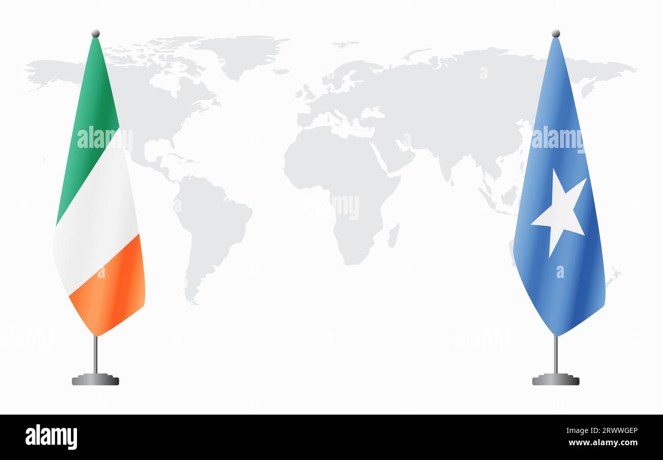 Irland und Somalia Flaggen für offizielles Treffen vor dem Hintergrund der Weltkarte. Stock Vektor