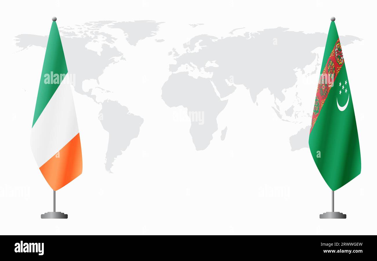 Irland und Turkmenistan Flaggen für offizielles Treffen vor dem Hintergrund der Weltkarte. Stock Vektor
