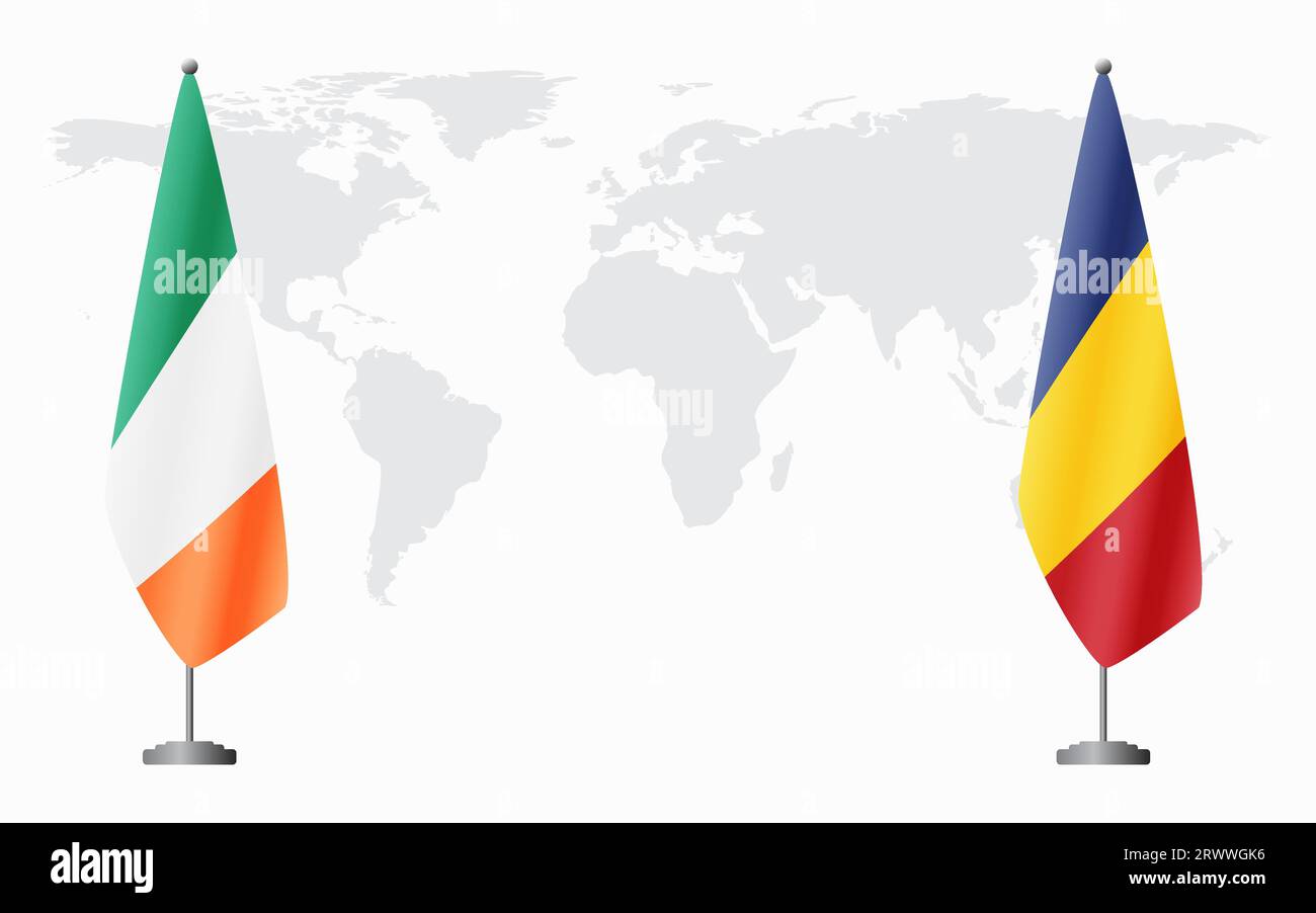 Irland und Rumänien Flaggen für offizielles Treffen vor dem Hintergrund der Weltkarte. Stock Vektor