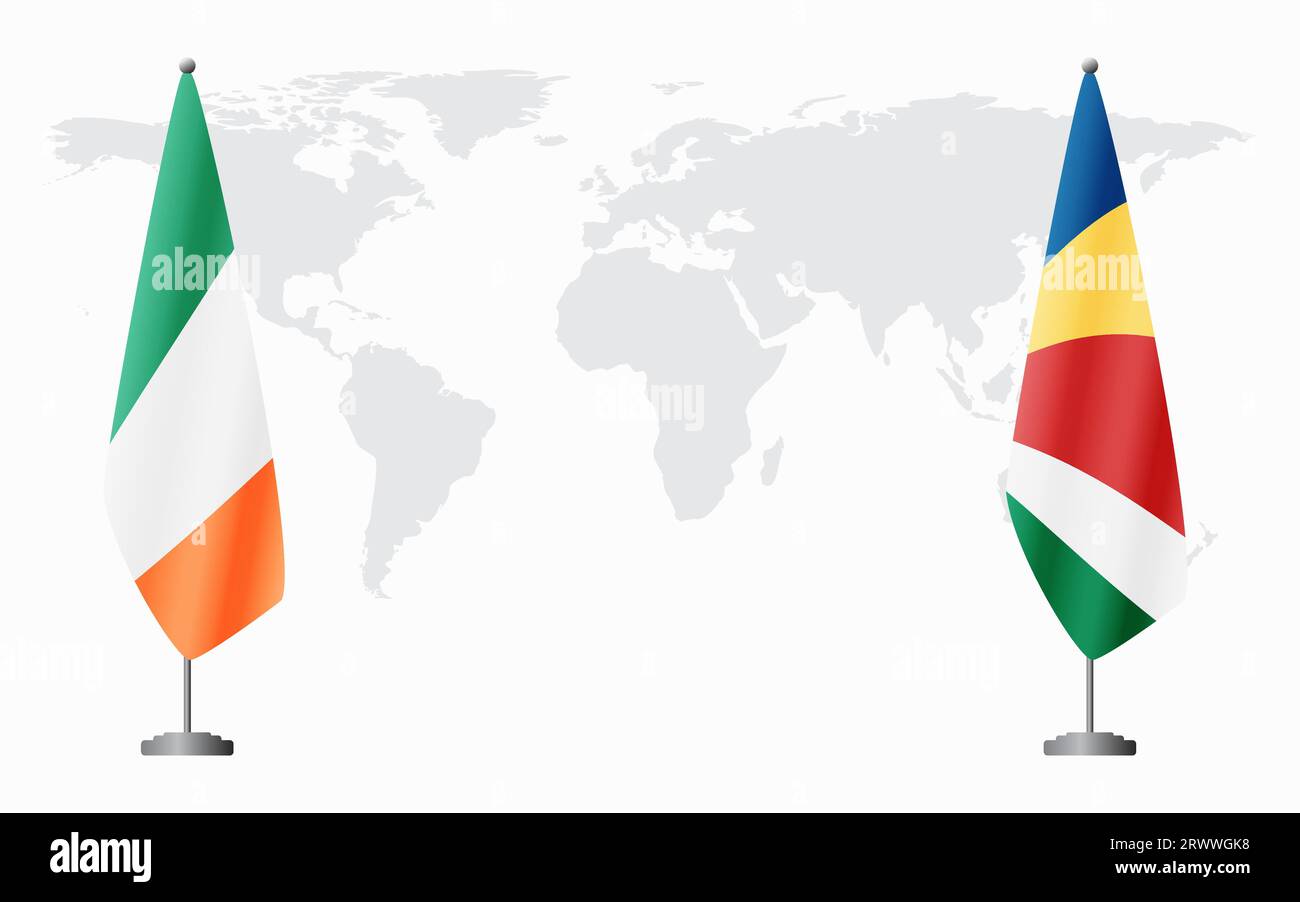 Irland und Seychellen Flaggen für offizielles Treffen vor dem Hintergrund der Weltkarte. Stock Vektor