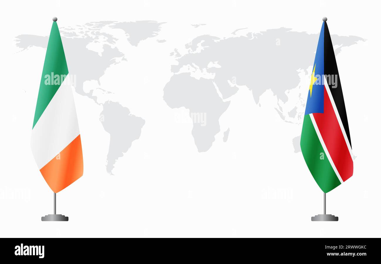 Irland und Südsudan Flaggen für offizielles Treffen vor dem Hintergrund der Weltkarte. Stock Vektor
