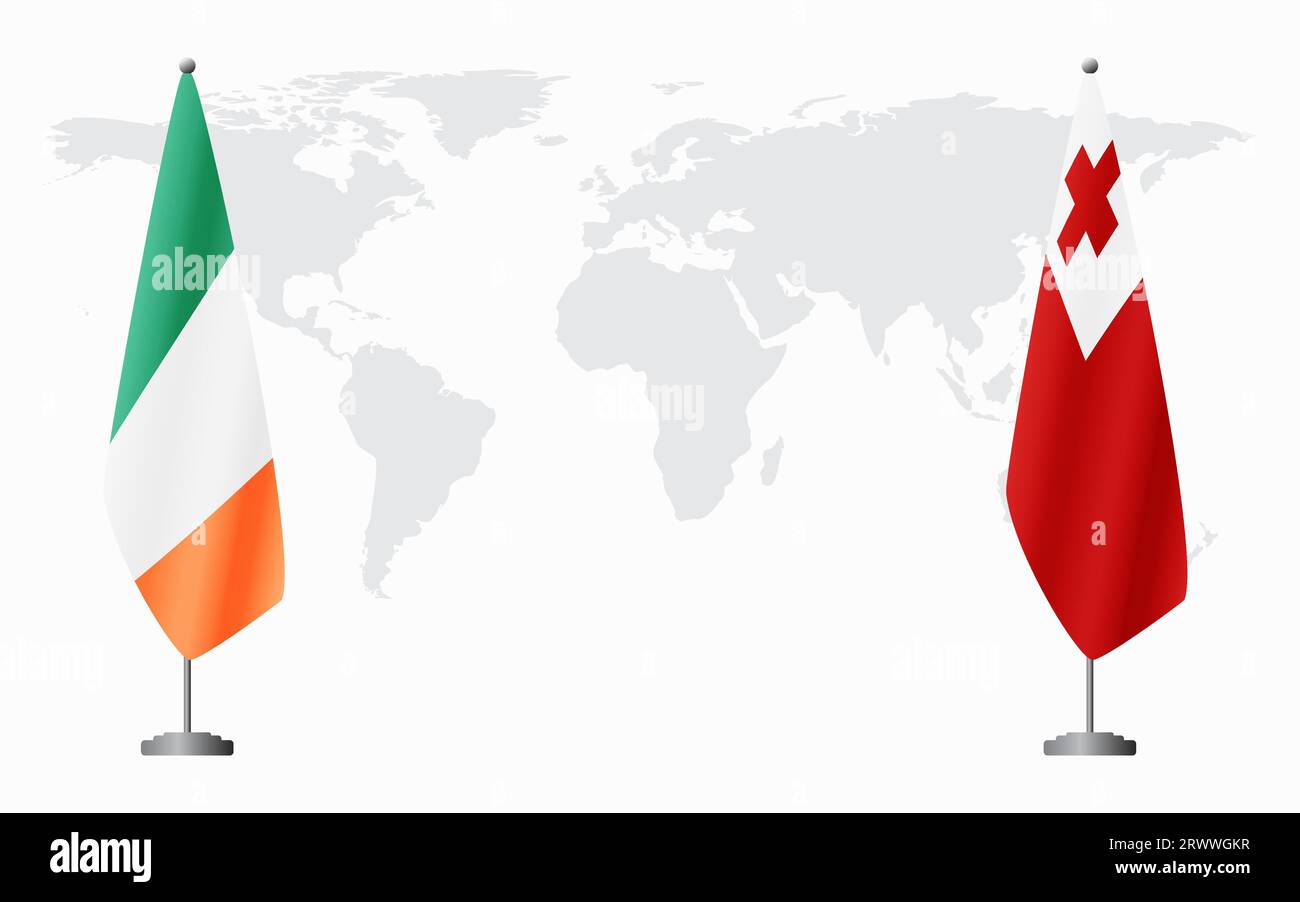 Irland und Tonga Flaggen für offizielles Treffen vor dem Hintergrund der Weltkarte. Stock Vektor