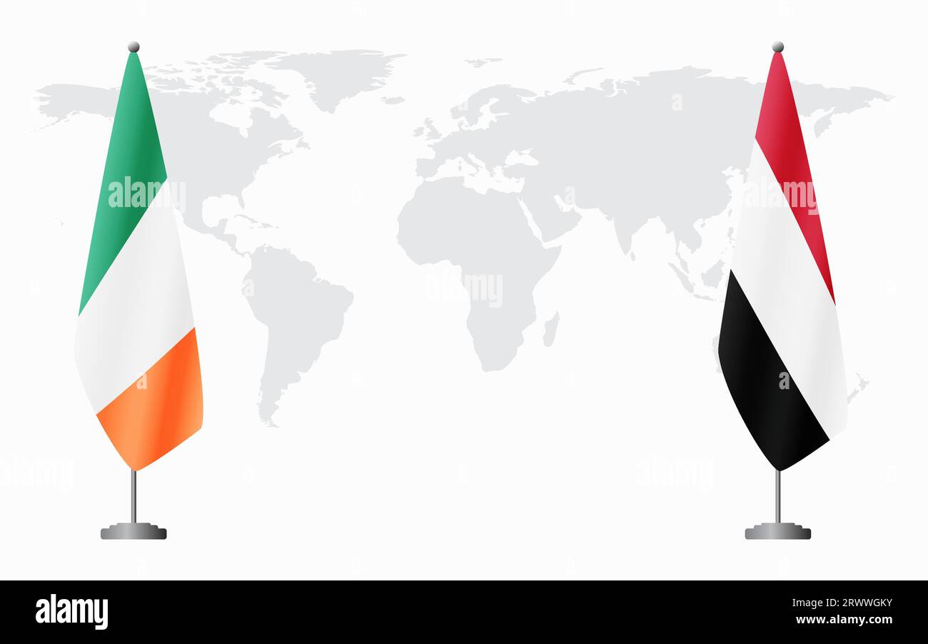 Irland und Jemen Flaggen für offizielles Treffen vor dem Hintergrund der Weltkarte. Stock Vektor