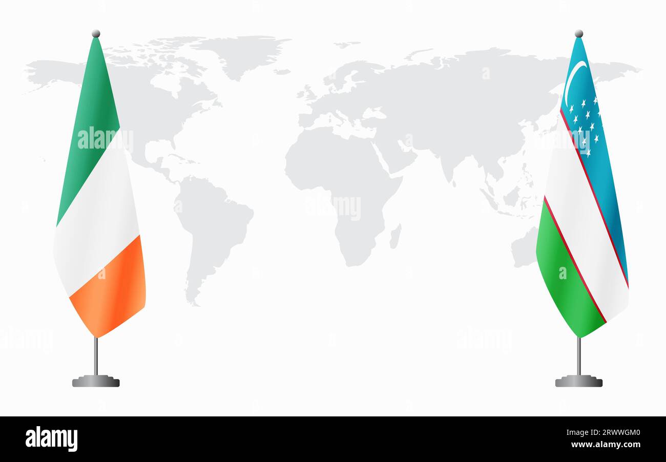 Irland und Usbekistan Flaggen für offizielles Treffen vor dem Hintergrund der Weltkarte. Stock Vektor