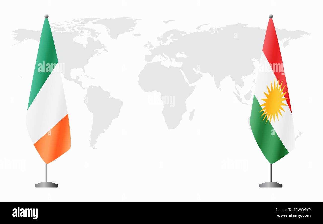 Irland und Kurdistan Flaggen für offizielles Treffen vor dem Hintergrund der Weltkarte. Stock Vektor