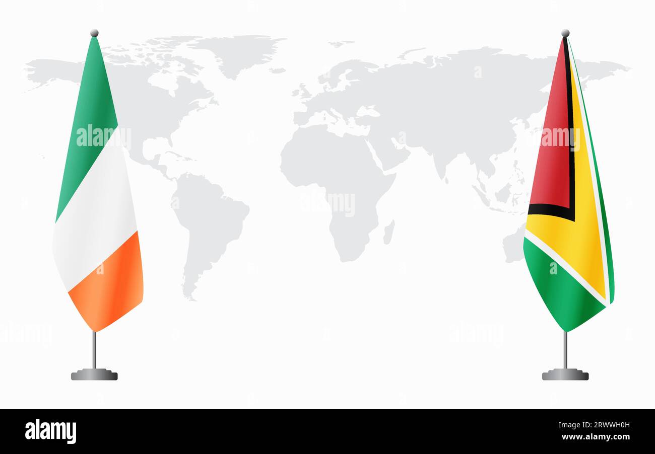 Irland und Guyana Flaggen für offizielles Treffen vor dem Hintergrund der Weltkarte. Stock Vektor