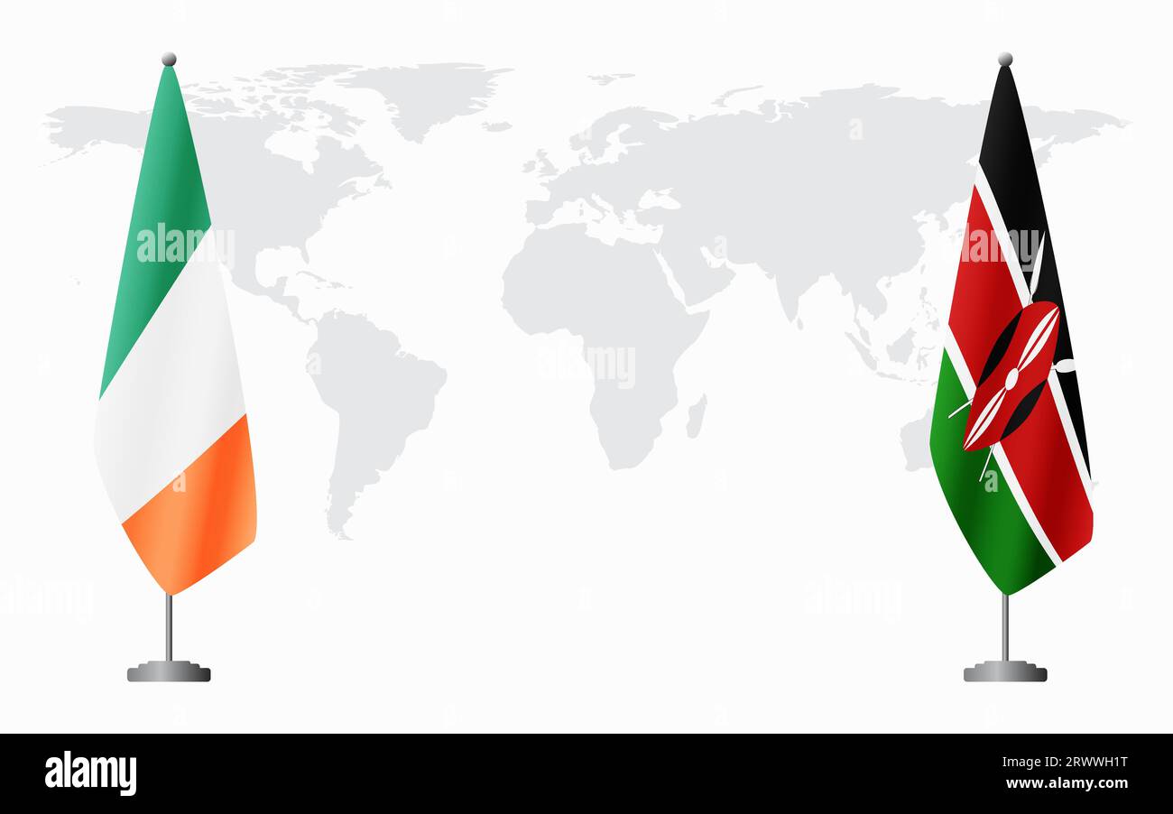 Irland und Kenia Flaggen für offizielles Treffen vor dem Hintergrund der Weltkarte. Stock Vektor