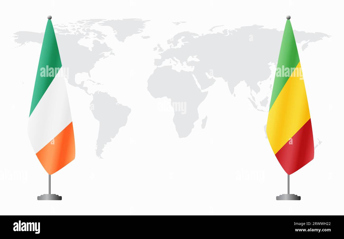 Irland und Mali Flaggen für offizielles Treffen vor dem Hintergrund der Weltkarte. Stock Vektor