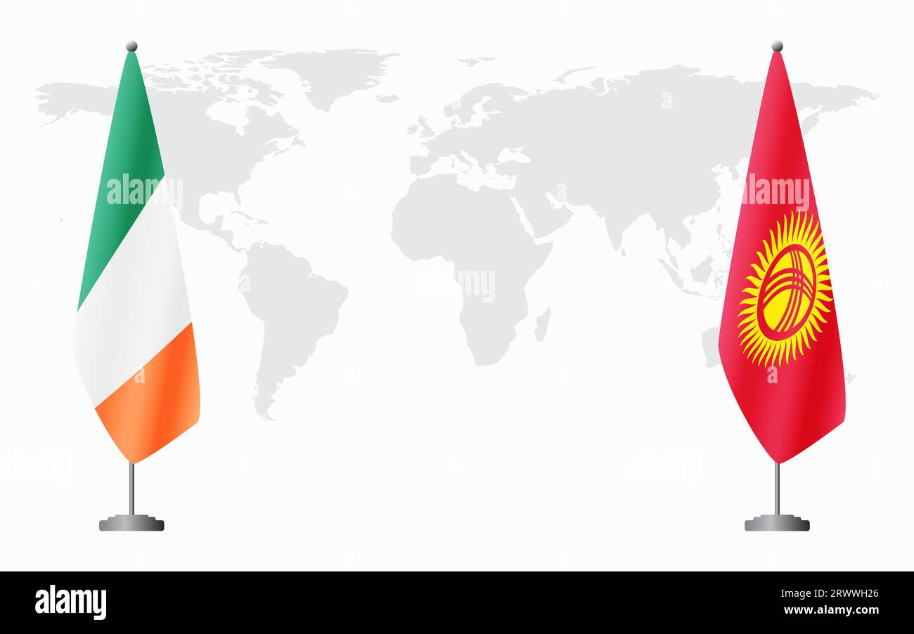 Irland und Kirgisistan Flaggen für offizielles Treffen vor dem Hintergrund der Weltkarte. Stock Vektor