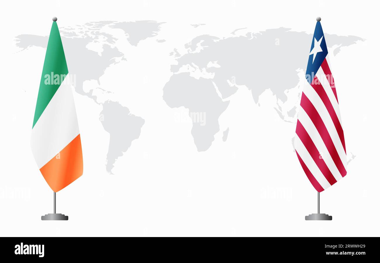 Irland und Liberia Flaggen für offizielles Treffen vor dem Hintergrund der Weltkarte. Stock Vektor