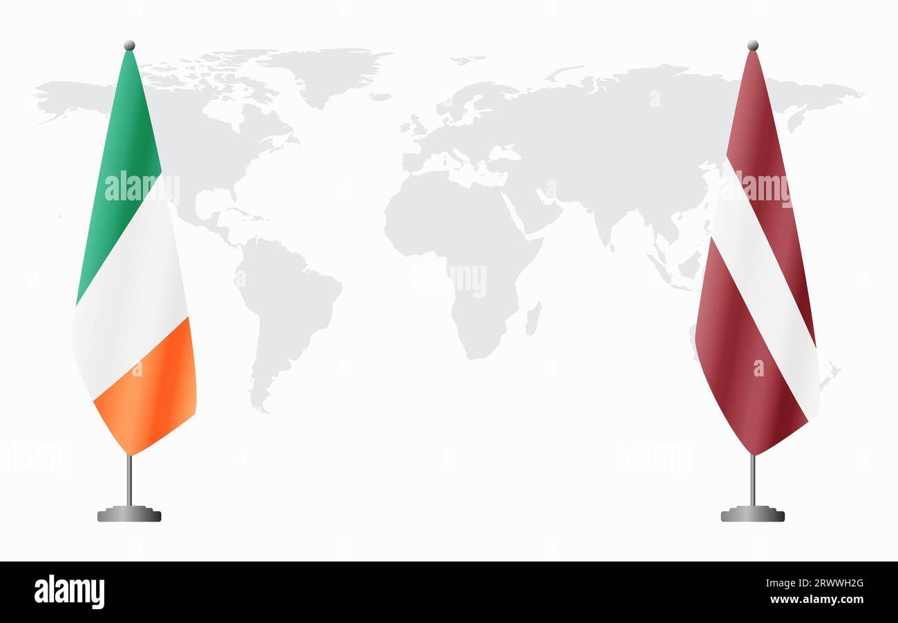 Irland und Lettland Flaggen für offizielles Treffen vor dem Hintergrund der Weltkarte. Stock Vektor
