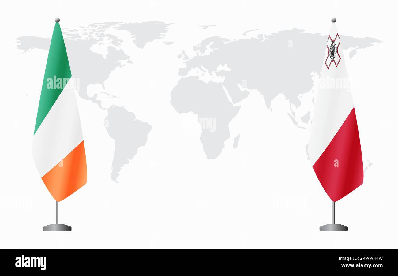 Irland und Malta Flaggen für offizielles Treffen vor dem Hintergrund der Weltkarte. Stock Vektor
