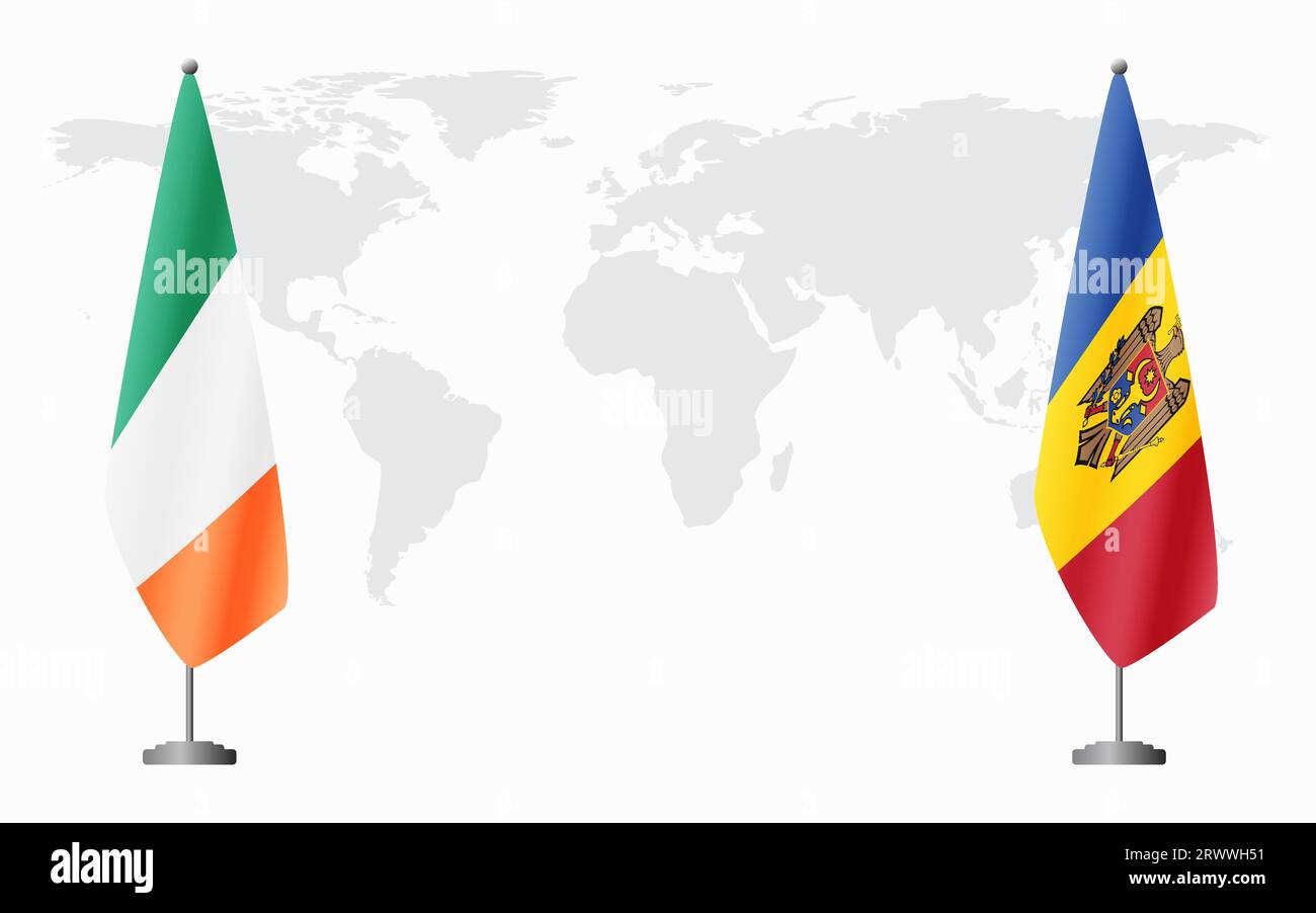 Irland und Moldau Flaggen für offizielles Treffen vor dem Hintergrund der Weltkarte. Stock Vektor