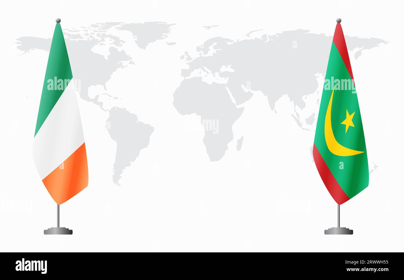Irland und Mauretanien Flaggen für offizielles Treffen vor dem Hintergrund der Weltkarte. Stock Vektor