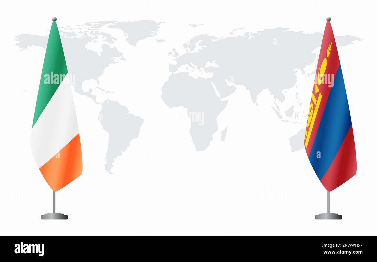 Irland und die Mongolei Flaggen für offizielles Treffen vor dem Hintergrund der Weltkarte. Stock Vektor