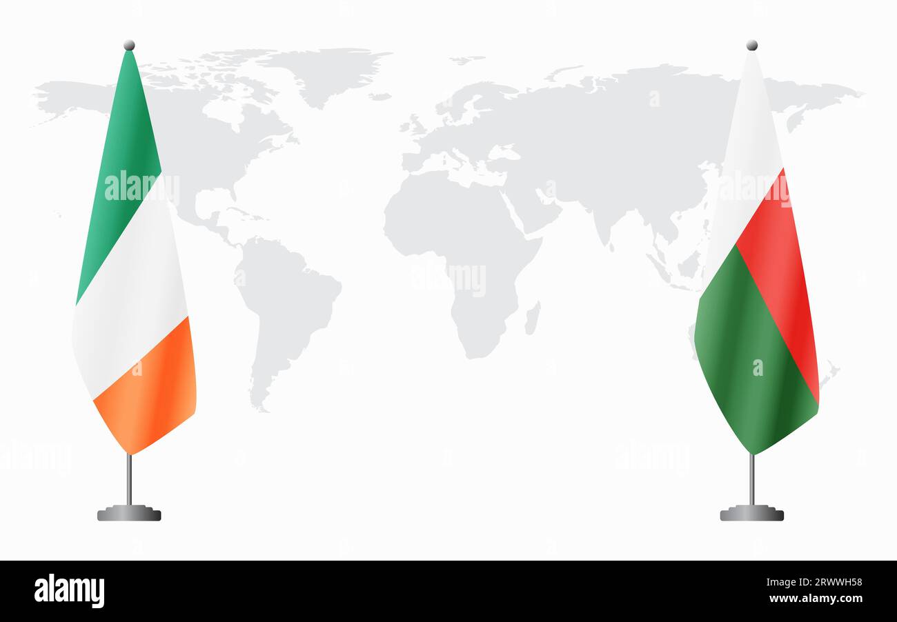 Irland und Madagaskar Flaggen für offizielles Treffen vor dem Hintergrund der Weltkarte. Stock Vektor