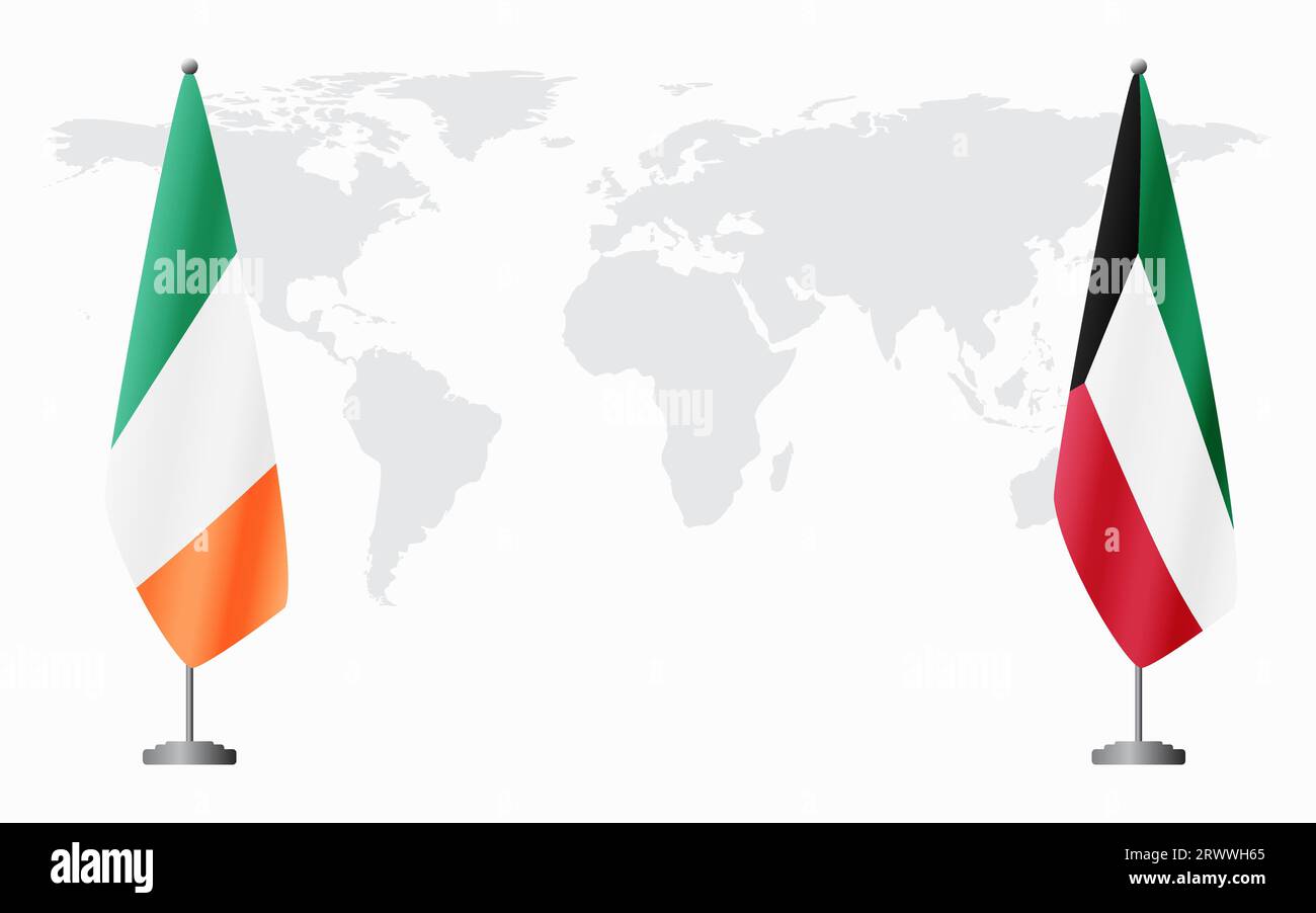 Irland und Kuwait Flaggen für offizielles Treffen vor dem Hintergrund der Weltkarte. Stock Vektor