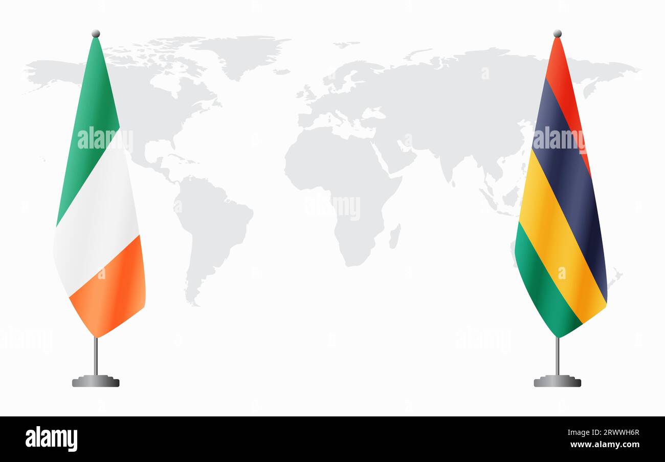 Irland und Mauritius Flaggen für offizielles Treffen vor dem Hintergrund der Weltkarte. Stock Vektor