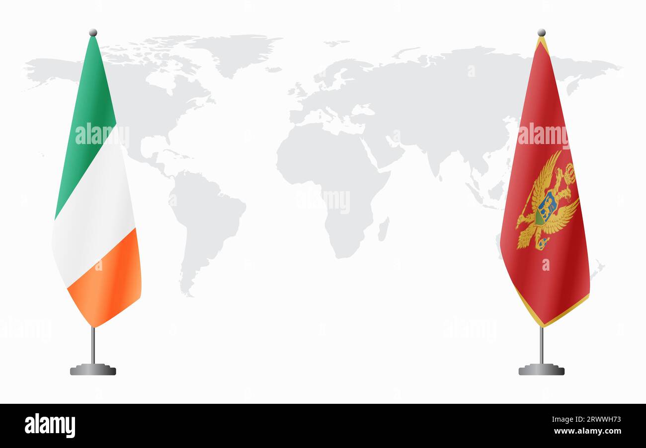 Irland und Montenegro Flaggen für offizielles Treffen vor dem Hintergrund der Weltkarte. Stock Vektor