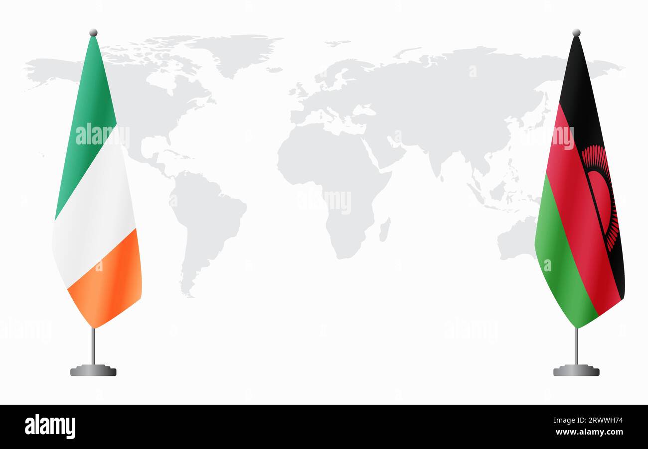 Irland und Malawi Flaggen für offizielles Treffen vor dem Hintergrund der Weltkarte. Stock Vektor