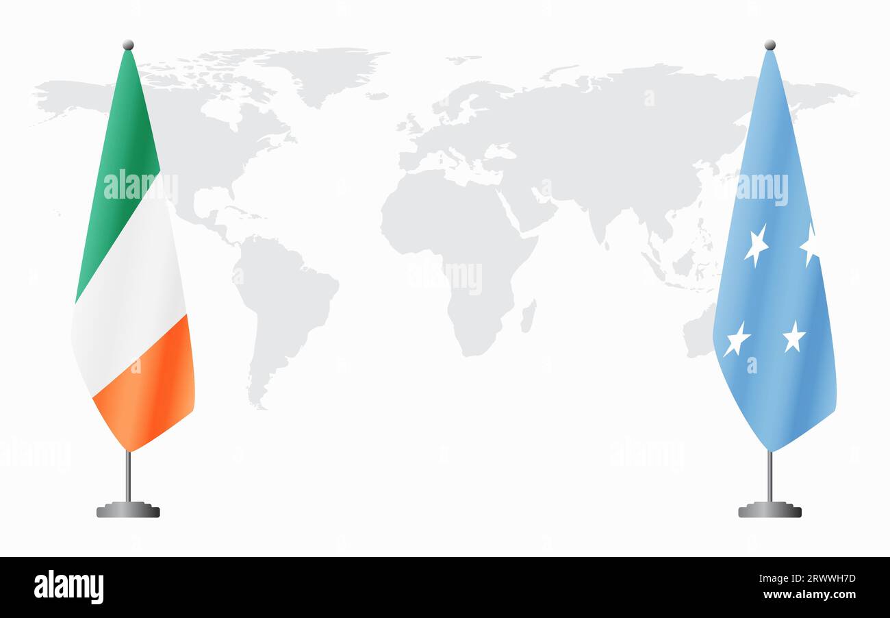Irland und Mikronesien Flaggen für offizielles Treffen vor dem Hintergrund der Weltkarte. Stock Vektor