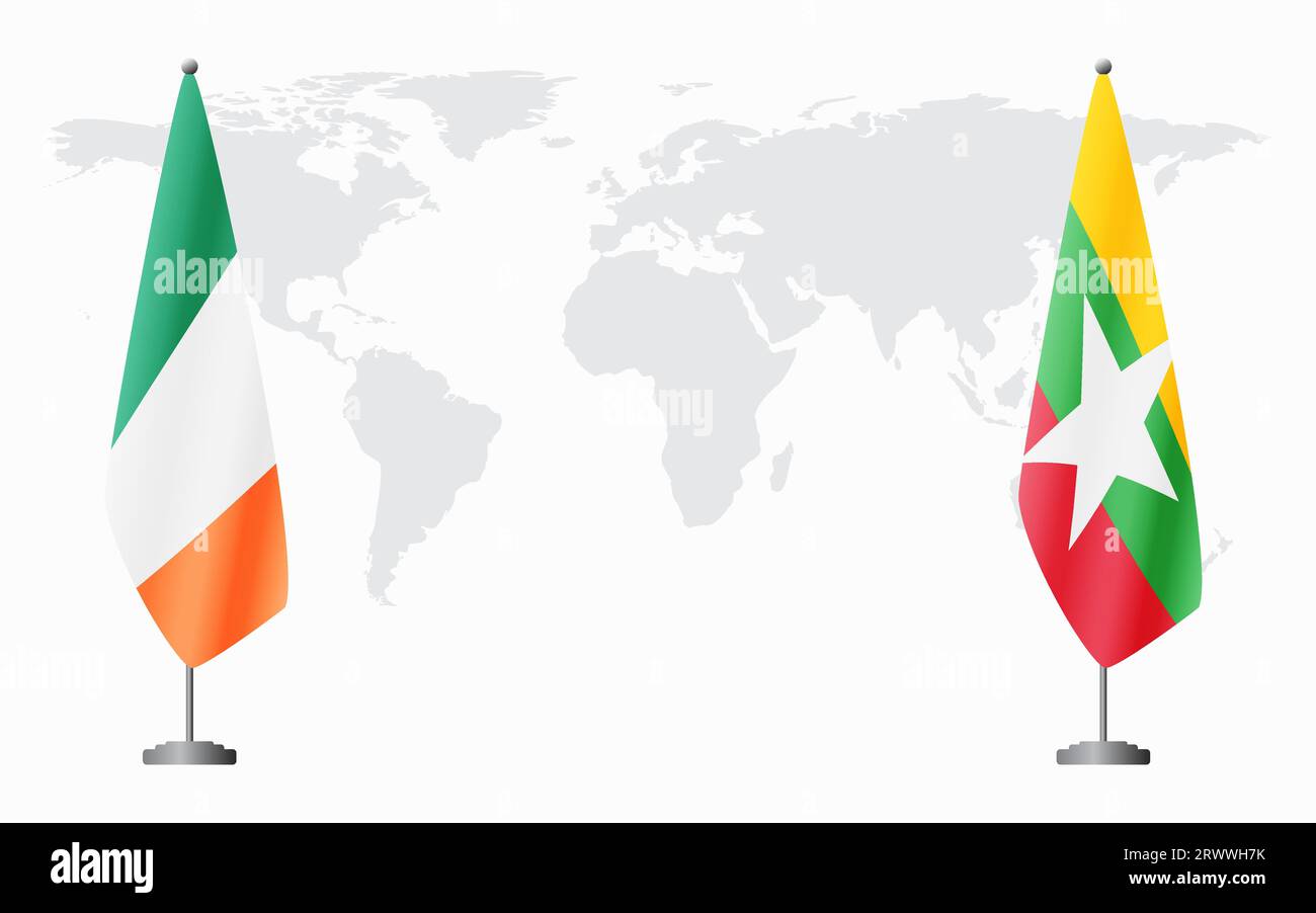 Irland und Myanmar Flaggen für offizielles Treffen vor dem Hintergrund der Weltkarte. Stock Vektor