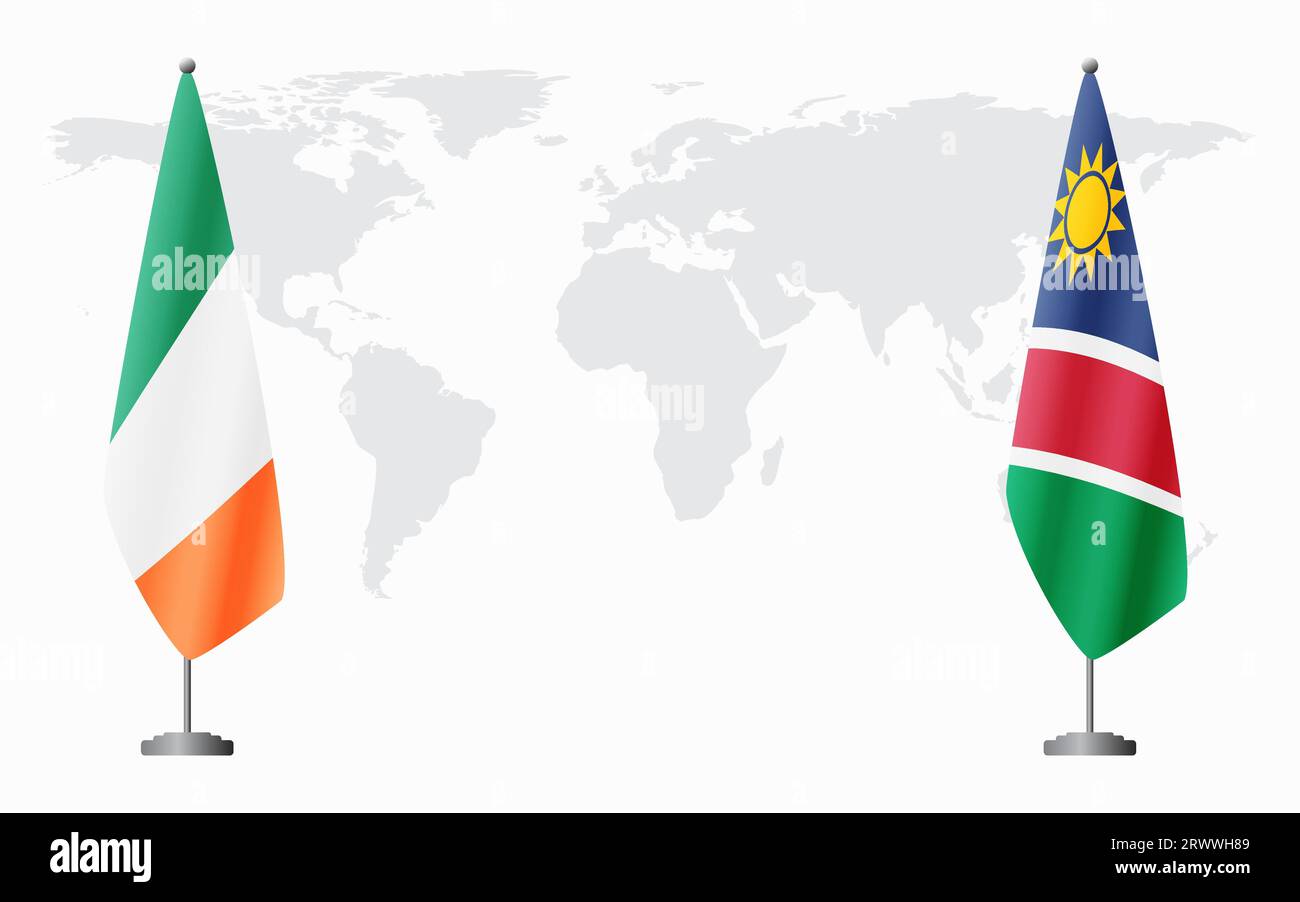 Irland und Namibia Flaggen für offizielles Treffen vor dem Hintergrund der Weltkarte. Stock Vektor
