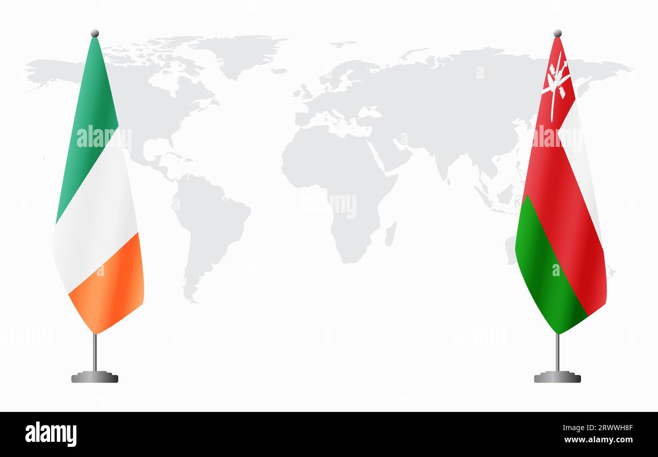 Irland und Oman Flaggen für offizielles Treffen vor dem Hintergrund der Weltkarte. Stock Vektor