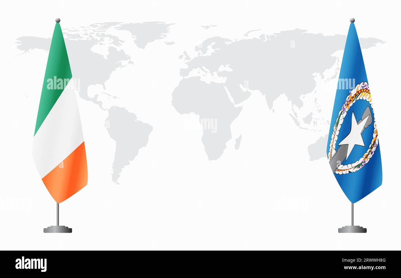 Irland und die Nördlichen Marianen Flaggen zum offiziellen Treffen vor dem Hintergrund der Weltkarte. Stock Vektor