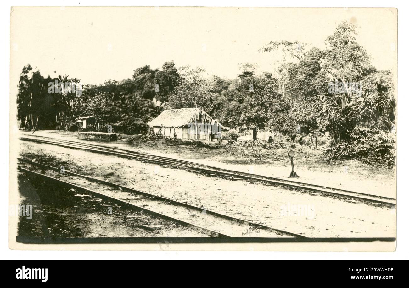 Blick auf zwei schmalspurige Eisenbahnlinien, die an einer Strohhütte auf dem Land vorbeiführen, mit einem Block Mahagoni neben der Strecke. Stockfoto