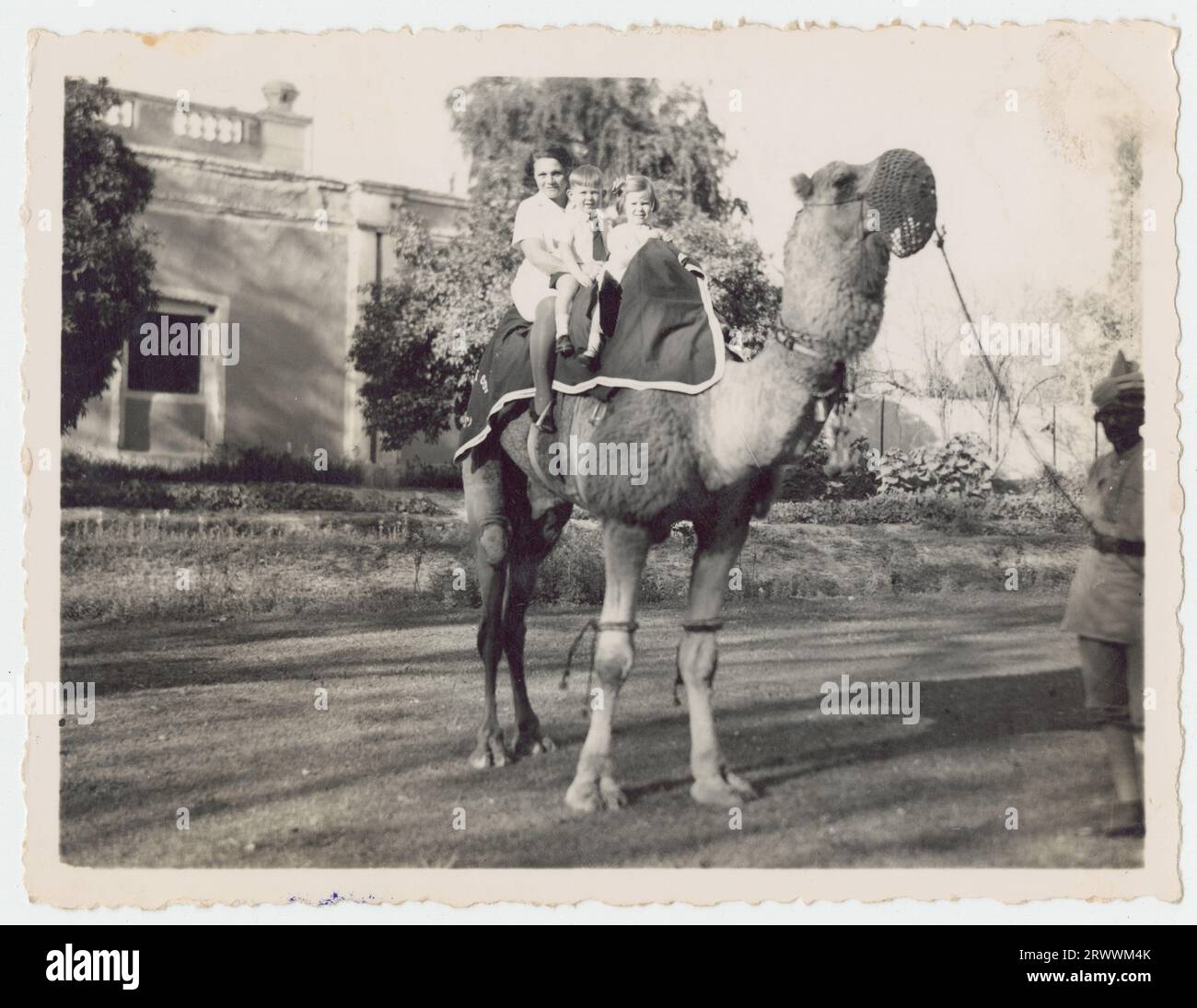 Die Bildunterschrift lautet: 43 - Englische Dame und Kinder auf Kamel. Eisenbahnoffizierfamilien auf einem Ausflug nach Karachi/Sind 1938 (?or Waziristan). Stockfoto