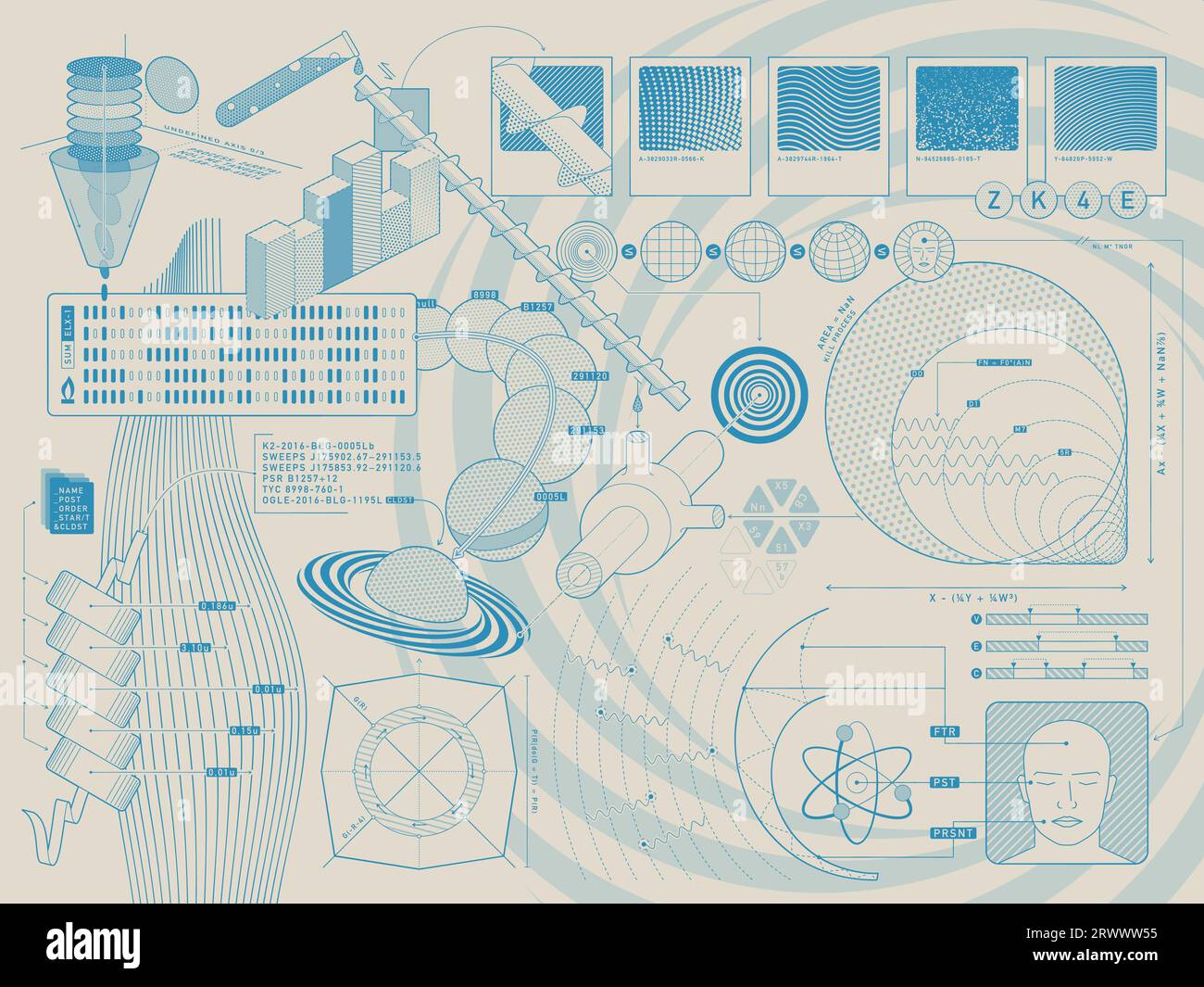 Eine Retro-futuristische visuelle Darstellung des komplexen Zusammenspiels von Wissenschaft und Technologie. Stock Vektor