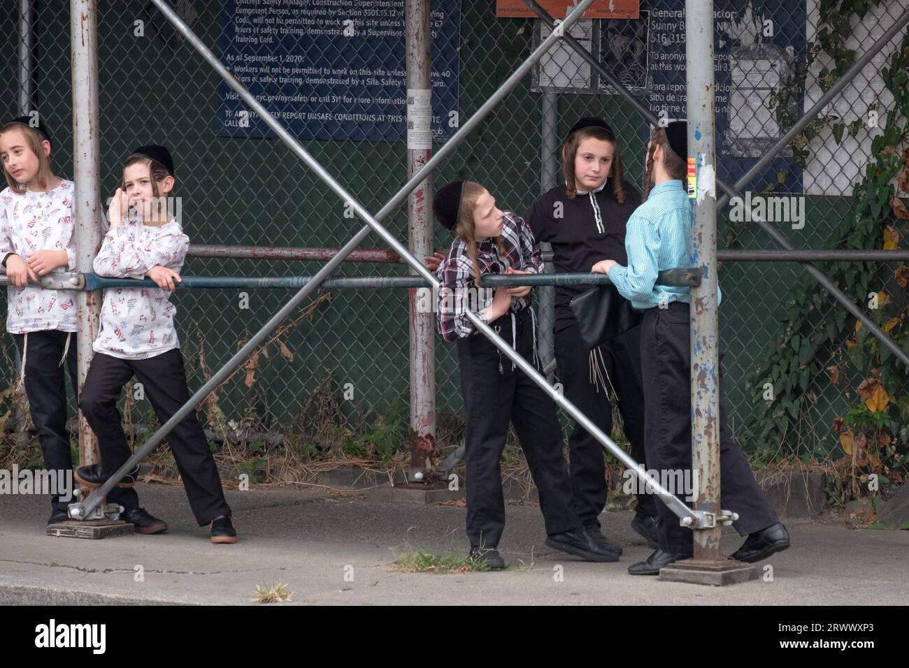 Orthodoxe jüdische Jungen mit langem Peyot warten darauf, von ihrem Schulbus abgeholt zu werden. An einer Straßenecke in Williamsburg, Brooklyn, New York. Stockfoto