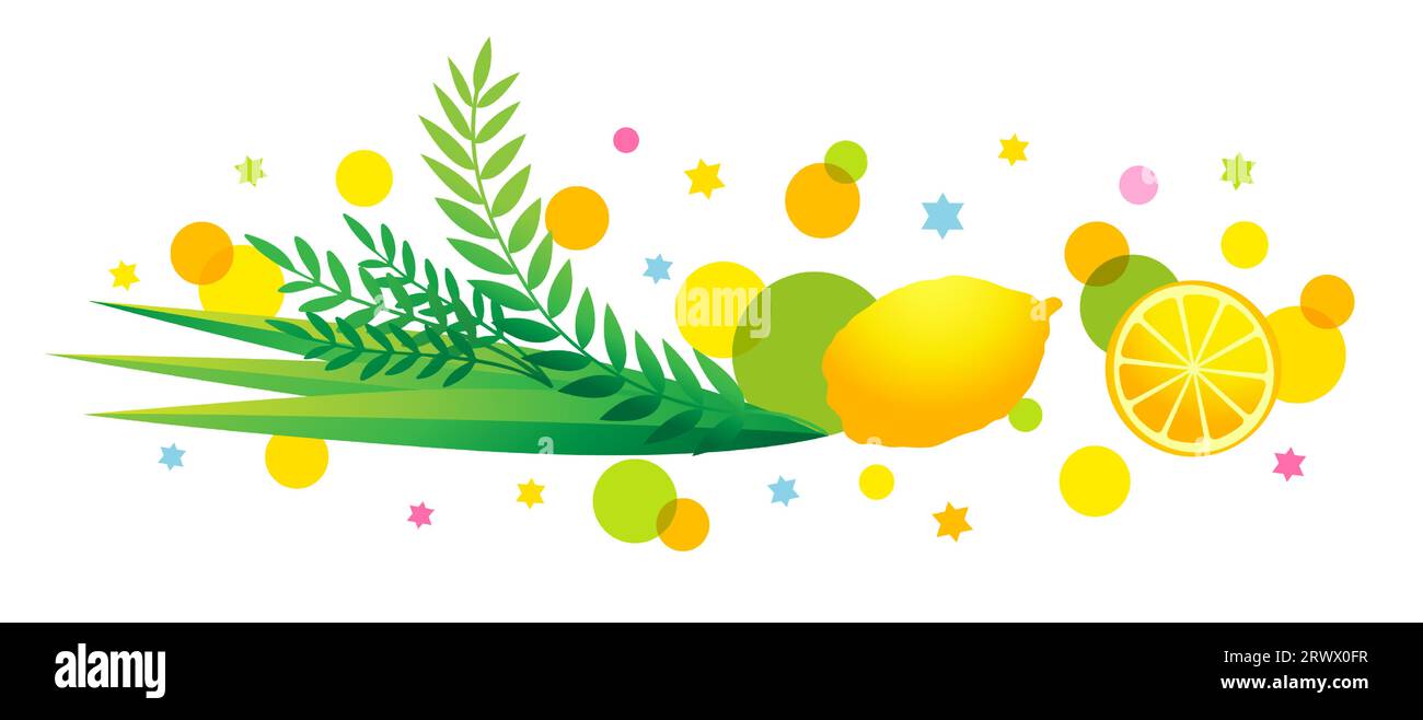Traditionelles Sukkot-Symbol mit Etrog, Lulav und farbigen Kreisen. Jüdisches Weihnachtswebbanner mit Palmblättern, Arawa und hadas. Vektorillustration Stock Vektor