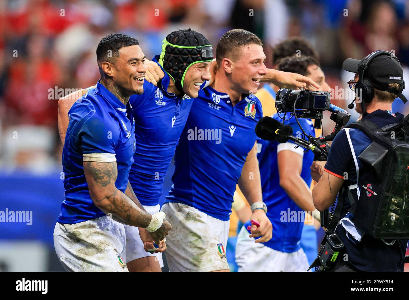 Montanna Ioane #11 von Italien, Juan Ignacio Brex #13 von Italien, Paolo Garbisi #12 von Italien während des Rugby-WM-Spiels zwischen Italien und Uruguay im Stade de Nice am 20. September 2023 in Nizza, Frankreich. Foto: Baptiste Paquot/ABACAPRESS.COM Stockfoto