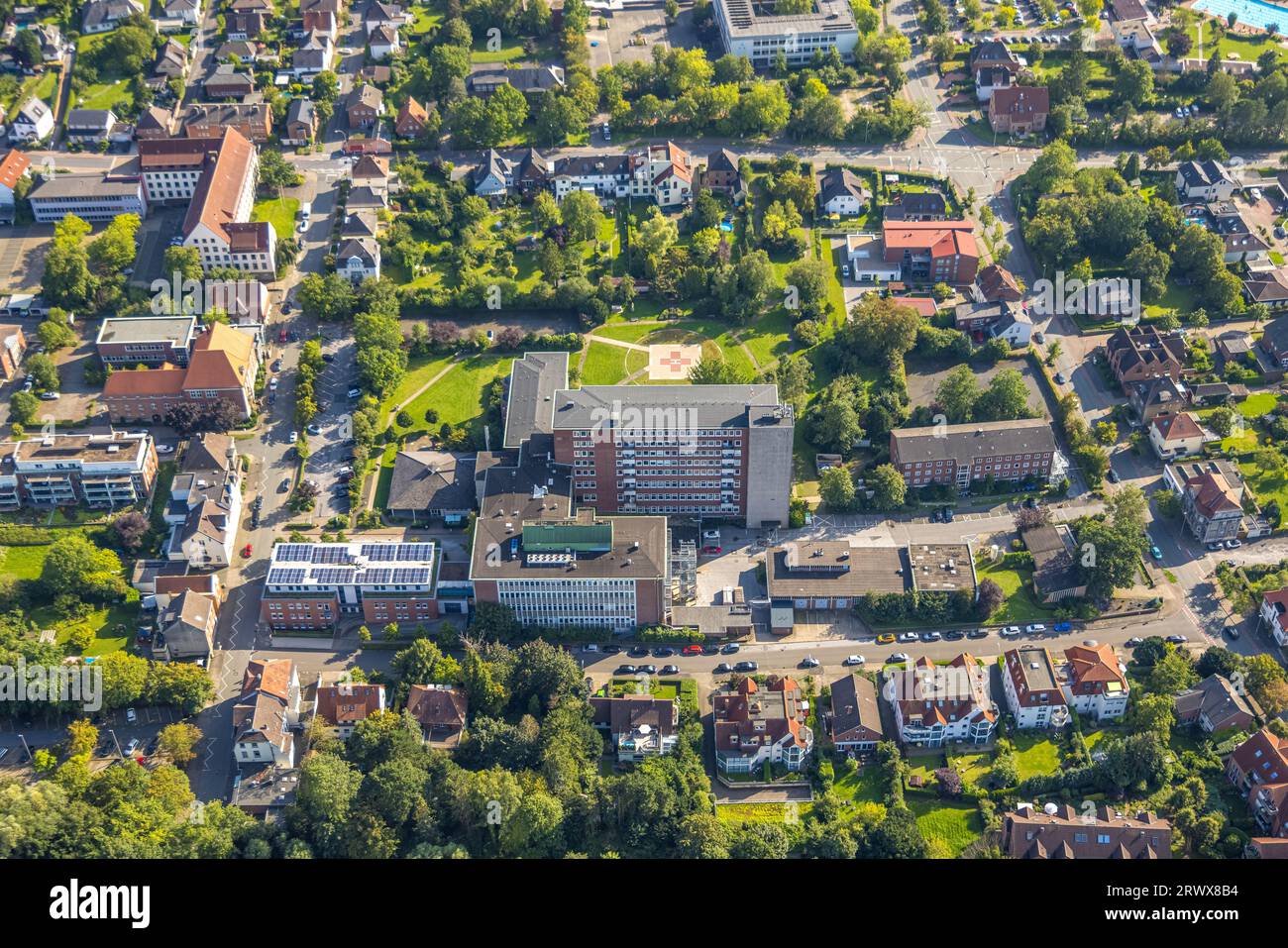 Luftaufnahme, St.. Elisabeth Hospital, Beckum, Münsterland, Nordrhein-Westfalen, Deutschland, DE, Europa, Gesundheitswesen, Krankenhaus, Helipad, Klinik, Klinik Stockfoto