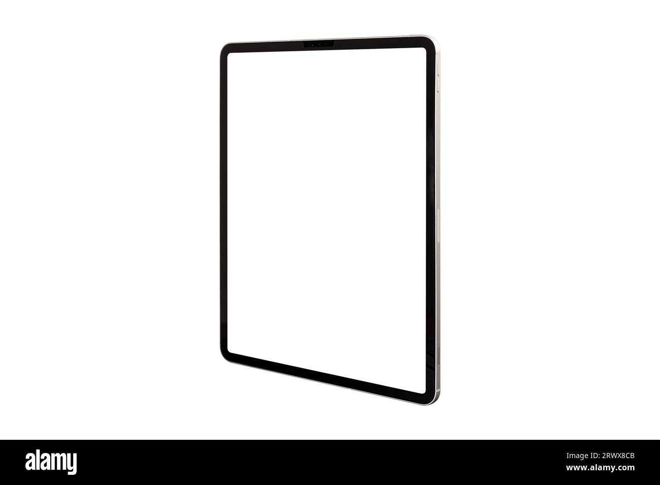 Tablette mit leerem Bildschirm isoliert auf weißem Hintergrund. Stockfoto