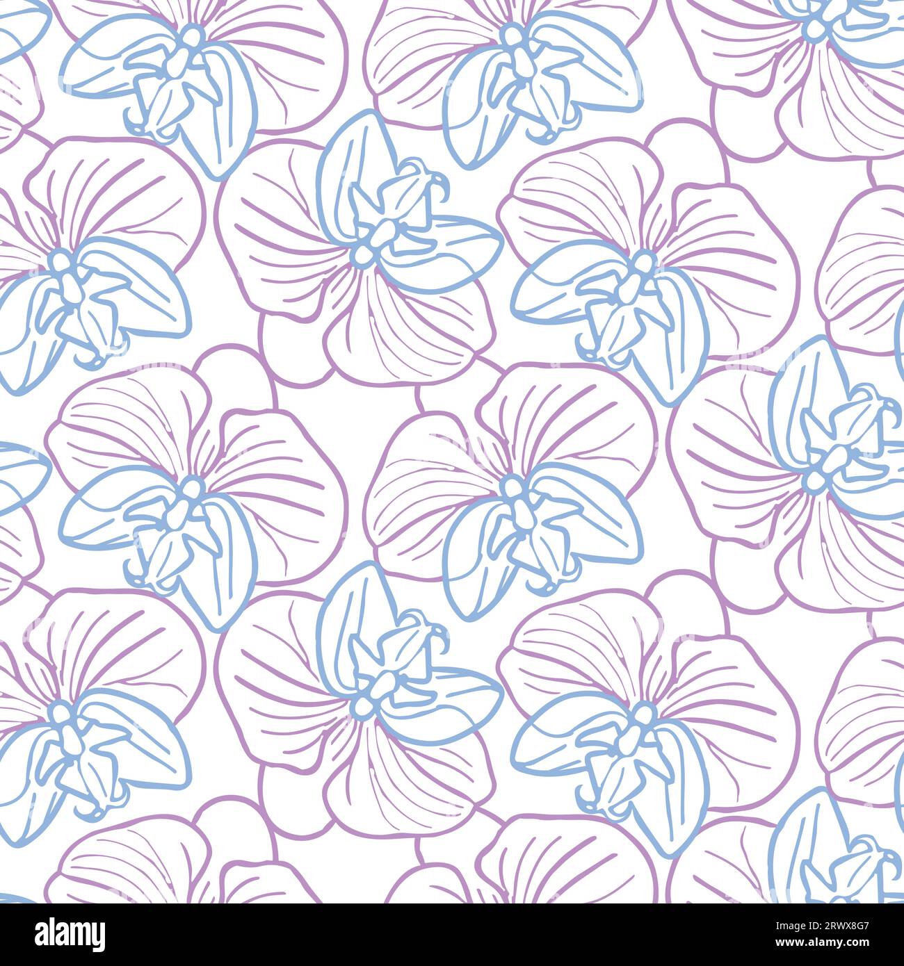 Nahtloses Muster der tropischen Orchideenblume, handgezeichneter Blumenkopf in Pastellblau und Rosa. Vektorhintergrund für Oberflächengestaltung oder Textil. Stock Vektor