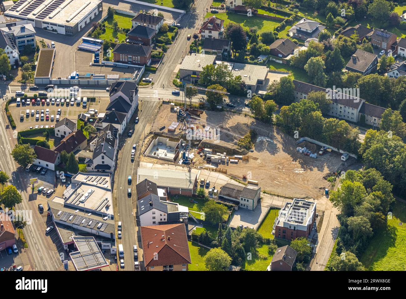 Luftaufnahme, Baustelle ehemaliger Schlachthof, geplante Neubauwohnungen, Beckum, Münsterland, Nordrhein-Westfalen, Deutschland, DE, E Stockfoto