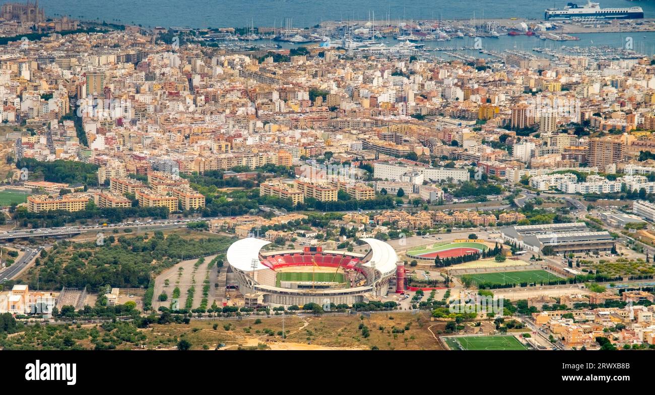 Luftaufnahme, Fußballstadion Estadi Mallorca Son Moix, Baustelle mit Wiederaufbau, Palma, Balearen, Mallorca, Spanien, Arena, Balearen, Stockfoto